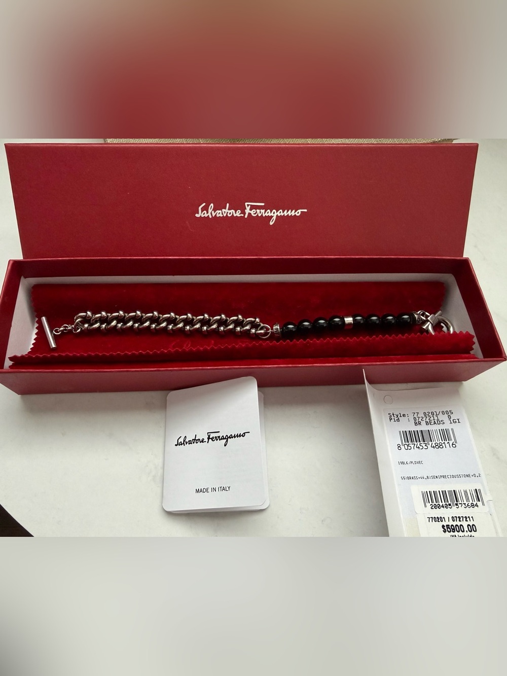 Salvatore Ferragamo Black and Silver Beaded Chain Bracelet